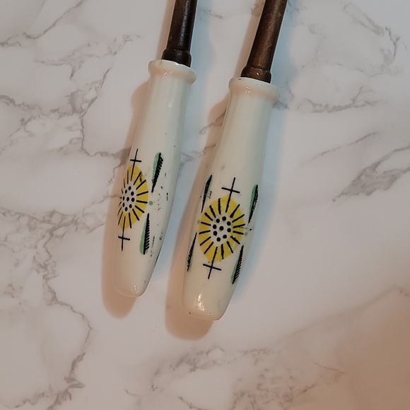 Mid Century Modern Teak Salad Servers Wood Fork and Spoon with ceramic handles - Picture 4 of 4